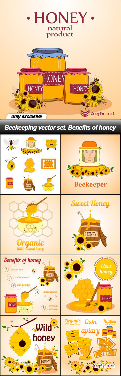  Beekeeping vector set. Benefits of honey - 9 EPS