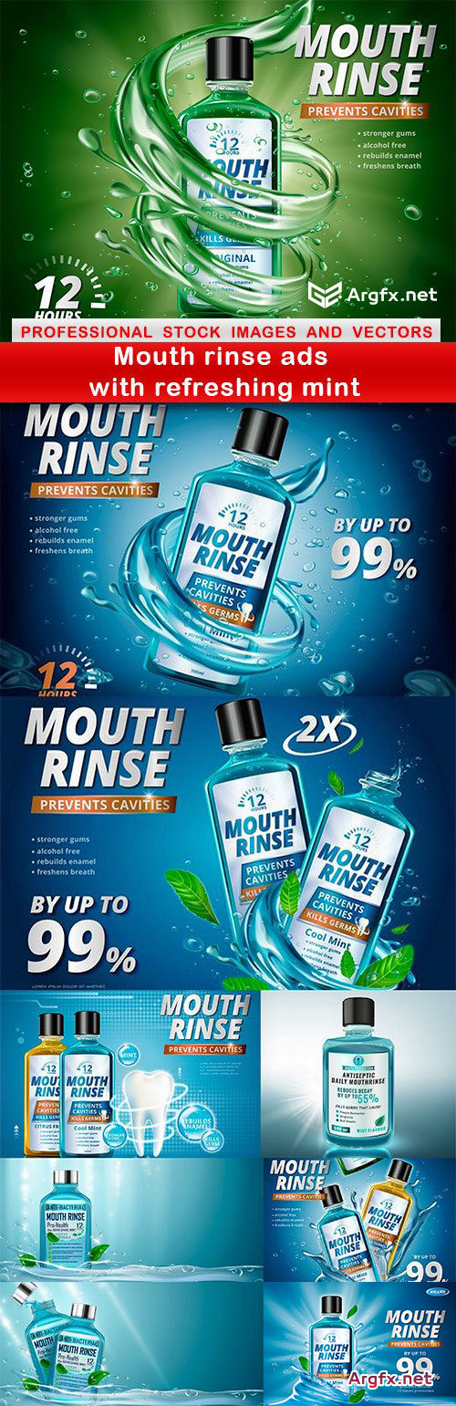 Mouth rinse ads with refreshing mint - 9 EPS