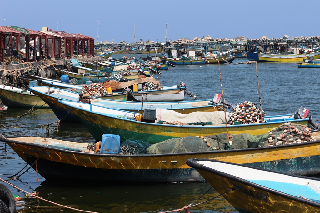 قوارب الصيد تصطف في ميناء غزة دون عمل
